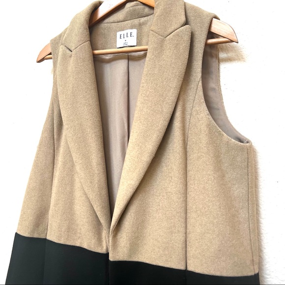 Elle Wool Blend Tan Black Colorblock Long Vest J-15 - Picture 7 of 14